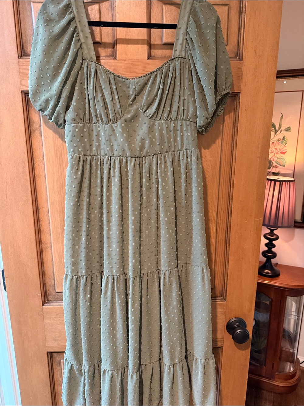 Olive Swiss Dot Maxi Dress with Puff Sleeves - Brand Unspecified